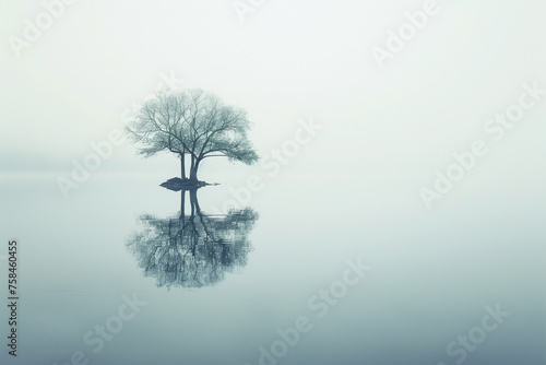 Lonely tree reflection on the calm water with dramatic moody sky in the background. Minimalistic isolated. Abstract surreal. Generative Ai