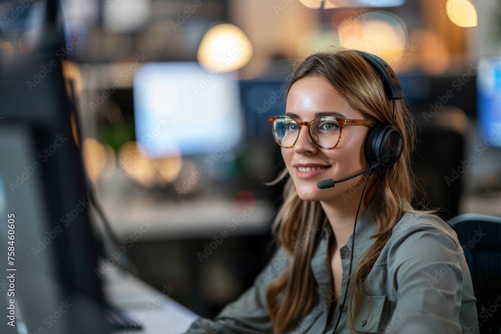 Businesswoman wearing a headset while working on a computer in an office, Support staff, Call center Businesswoman wearing a headset while working on a computer in an office, Support staff, Call center