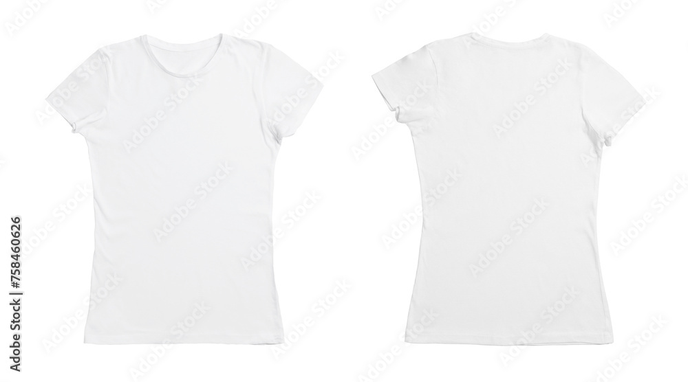 T-shirt with space for design isolated on white. Back and front views T-shirt with space for design isolated on white. Back and front views
