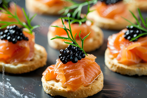 Elegant canapés featuring gourmet smoked salmon topped with sturgeon black caviar, set against a backdrop with generous copy space.






