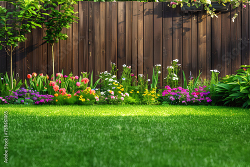Fototapeta Naklejka Na Ścianę i Meble -  green grass lawn, flowers and wooden fence in summer backyard garden