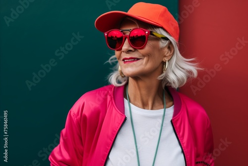 stylish senior woman in red cap and sunglasses, isolated on green