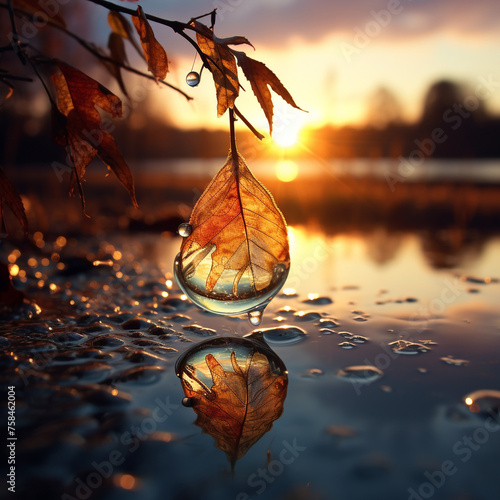 water drop fall from sky at a lake, autumn, little of twigs on the right, sunset created with Generative Ai
