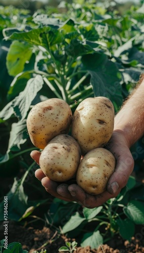 Golden potato held in hand on blurred background with copy space  selective potato picking