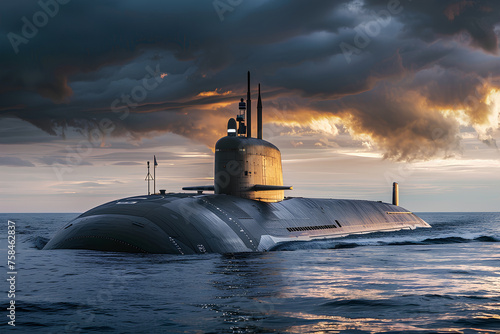 A modern nuclear submarine gracefully sails through the vast expanse of the sea, showcasing its sleek and formidable presence against the horizon.





 photo