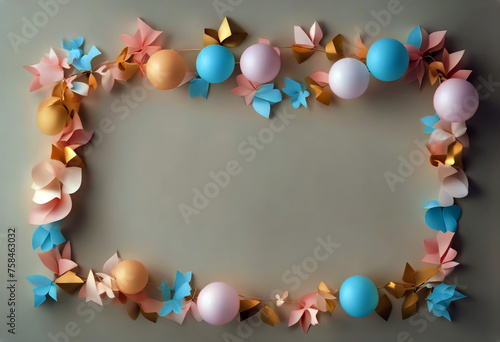 Paper garland on beige background for children's and adult holiday - birthday new year newborn. Pastel colors light background. Copy space top view flat lay stock photoBaby