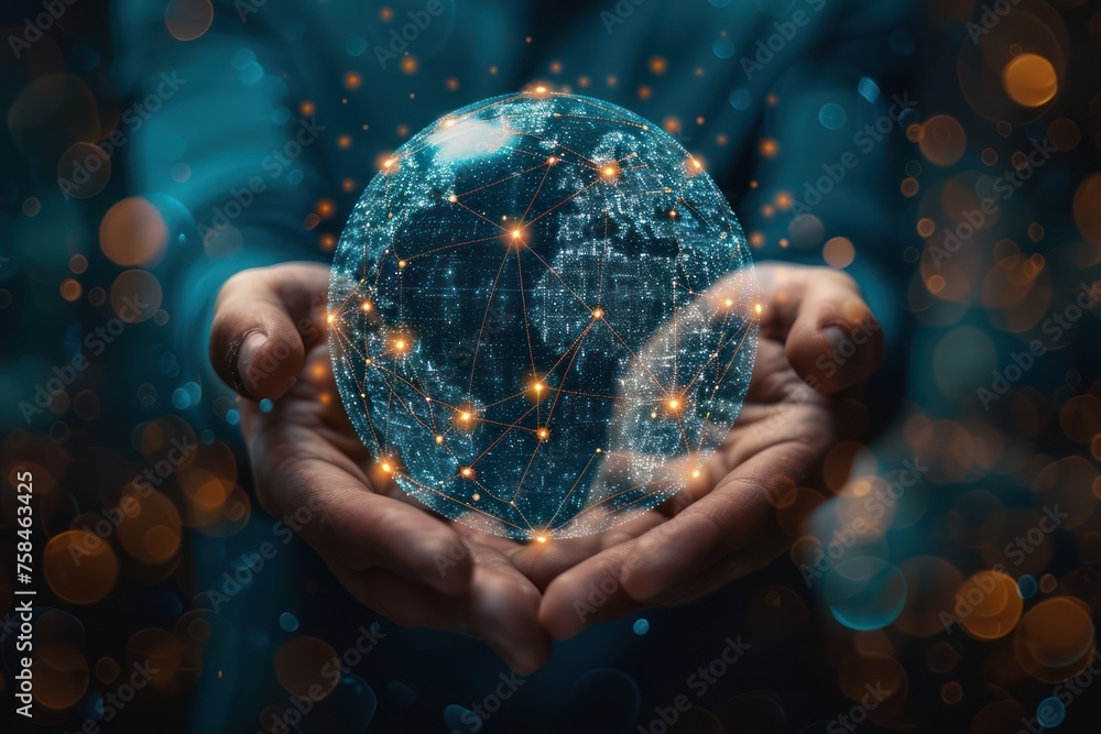 Pair of hands holding a transparent globe with digital connections and nodes superimposed over it, representing a network, global communication Pair of hands holding a transparent globe with digital connections and nodes superimposed over it, representing a network, global communication