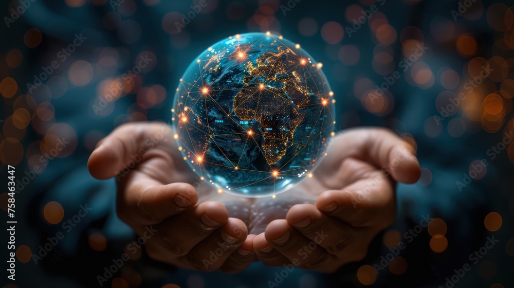 Pair of hands holding a transparent globe with digital connections and nodes superimposed over it, representing a network, global communication - obrazy, fototapety, plakaty 