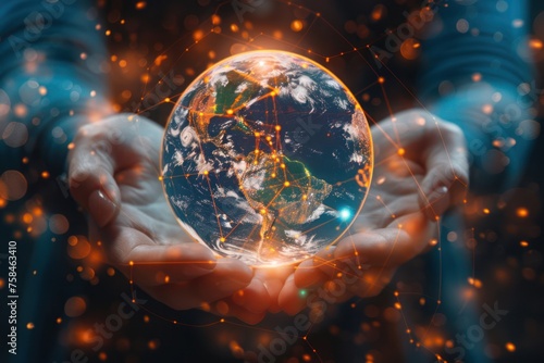 Pair of hands holding a transparent globe with digital connections and nodes superimposed over it, representing a network, global communication