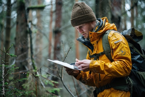 Ecologist on fieldwork. Forester examines trees in their natural condition in the forest and taking samples for in-depth research. Ecosystem care and sustainability.