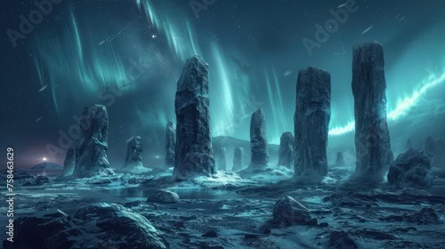 black monolithic stones arranged in a circle wilderness northern lights in the sky realistic highly details evironment cold icy midnight river in background dungeons and dragons