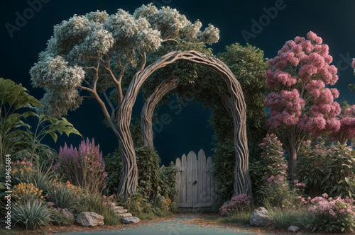 a fantasy garden at night with trees and plants