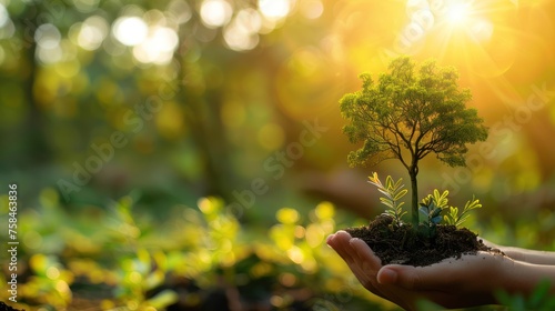 hand holding tree on green nature with sunshine background. evironment eco earth day concept