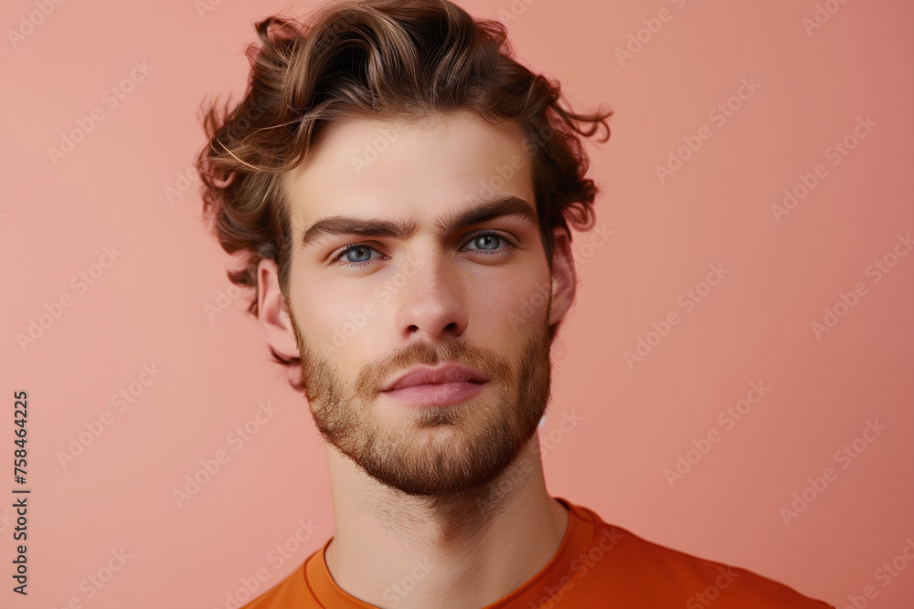 Handsome young male model on flat color background with copy space. Fashionable, well-groomed man showcases grooming beauty products for men.
Handsome young male model on flat color background with copy space. Fashionable, well-groomed man showcases grooming beauty products for men.