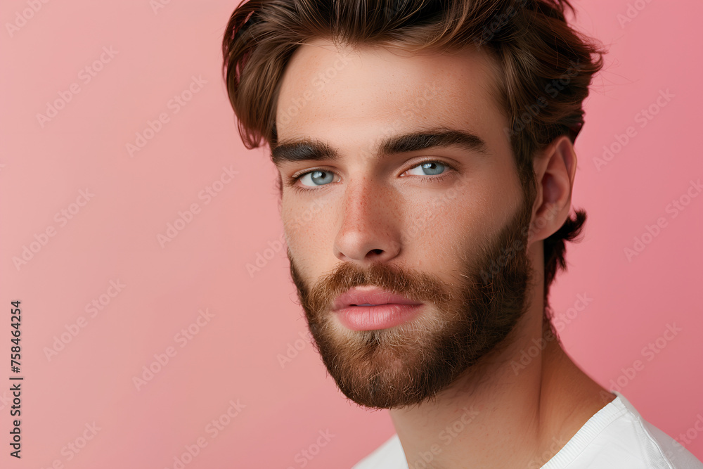 Fototapeta premium Handsome young male model on flat color background with copy space. Fashionable, well-groomed man showcases grooming beauty products for men.