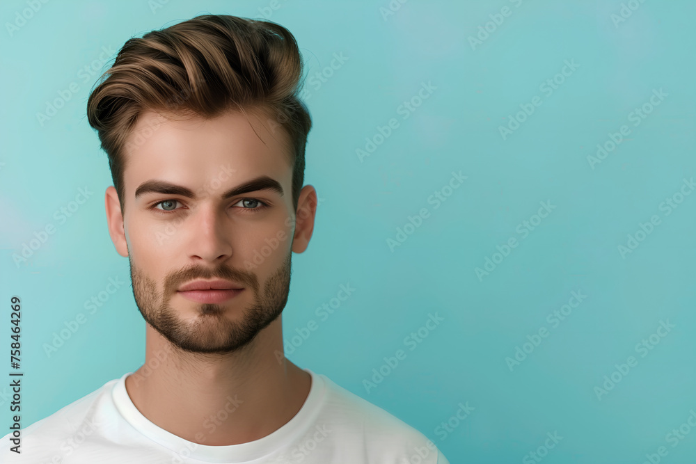 Handsome young male model on flat color background with copy space. Fashionable, well-groomed man showcases grooming beauty products for men.
Handsome young male model on flat color background with copy space. Fashionable, well-groomed man showcases grooming beauty products for men.