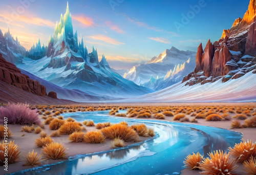 Frozen Desert Landscape, Landscape, Frozen, Desert, Winter, Snow, Cold, Ice, Barren, Arctic, Tundra, Nature, Scenery, Extreme, Harsh, AI Generated