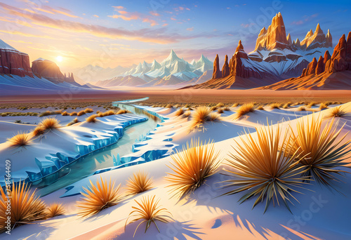 Frozen Desert Landscape, Landscape, Frozen, Desert, Winter, Snow, Cold, Ice, Barren, Arctic, Tundra, Nature, Scenery, Extreme, Harsh, AI Generated