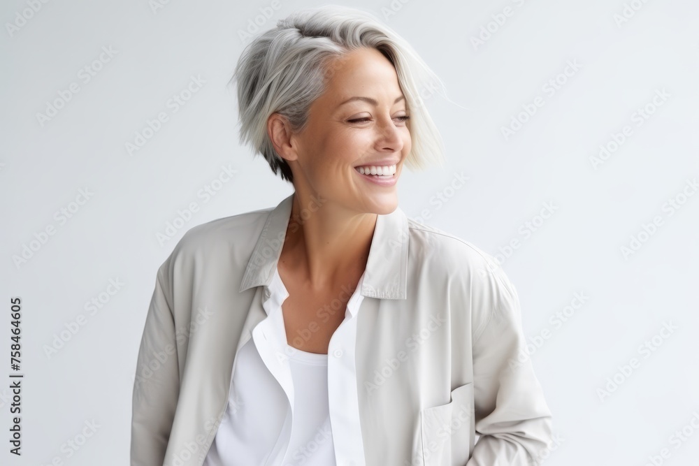 Portrait of a happy mature businesswoman laughing, over gray background Portrait of a happy mature businesswoman laughing, over gray background