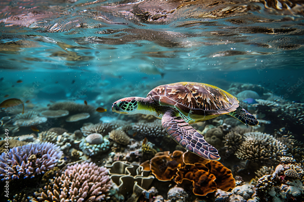 A large green sea turtle swims through the magnificent Great Barrier Reef. Marine life, nature and ecology concept