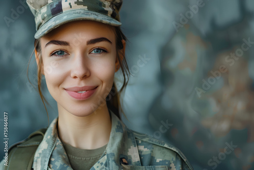 Smiling beautiful military woman portrait with copy space. Young Woman Military soldier. USA Army © Uliana