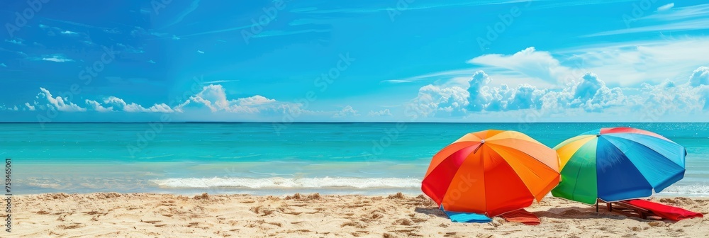 Colorful beach umbrellas on sandy beach - Two vibrant beach umbrellas providing shade on a sunny and sandy beach with the clear blue ocean in the background