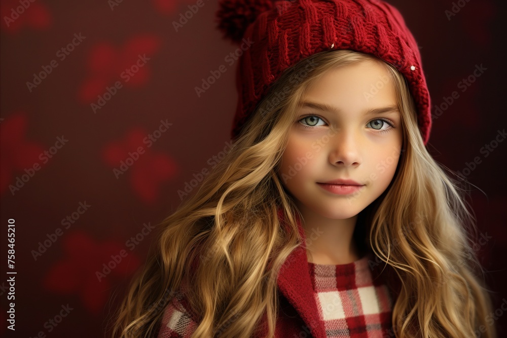 Portrait of a cute little girl in a red hat and scarf. Portrait of a cute little girl in a red hat and scarf.