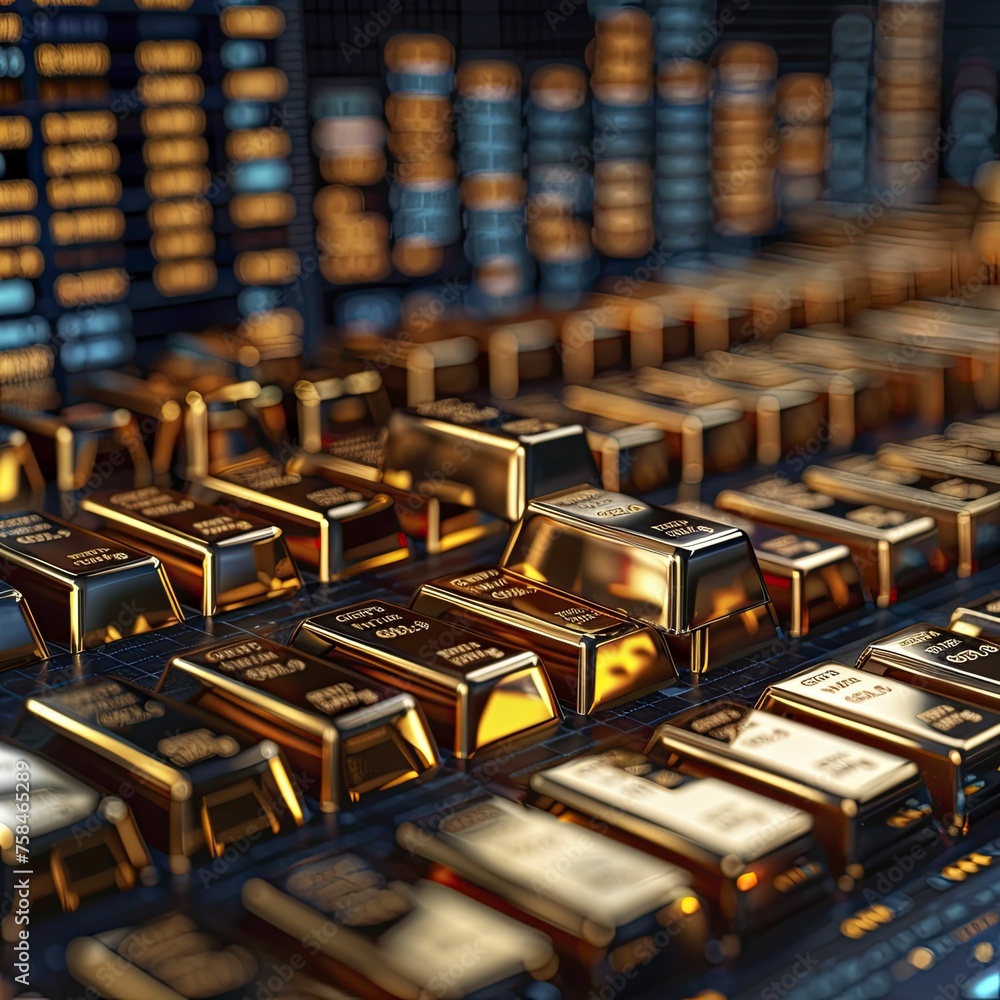 Precious metals market analysis interface, with gold, silver, and platinum bars against a digital economic setting. Precious metals market analysis interface, with gold, silver, and platinum bars against a digital economic setting.