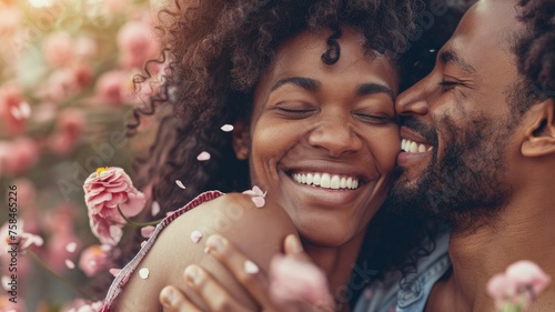 Couple embracing and laughing among roses - An affectionate couple sharing a joyful moment surrounded by blooming roses, exuding happiness and love photo