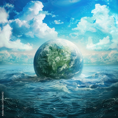 Earth globe floating on ocean waves - Photo manipulation of Earth as a giant sphere on the sea under a cloudy sky, concept of environment and nature
