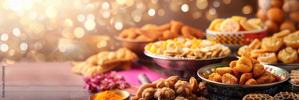 Festive table filled with traditional sweets - An array of delicious festive sweets and snacks arranged on a table with warm, twinkling bokeh lights in the background Festive table filled with traditional sweets - An array of delicious festive sweets and snacks arranged on a table with warm, twinkling bokeh lights in the background