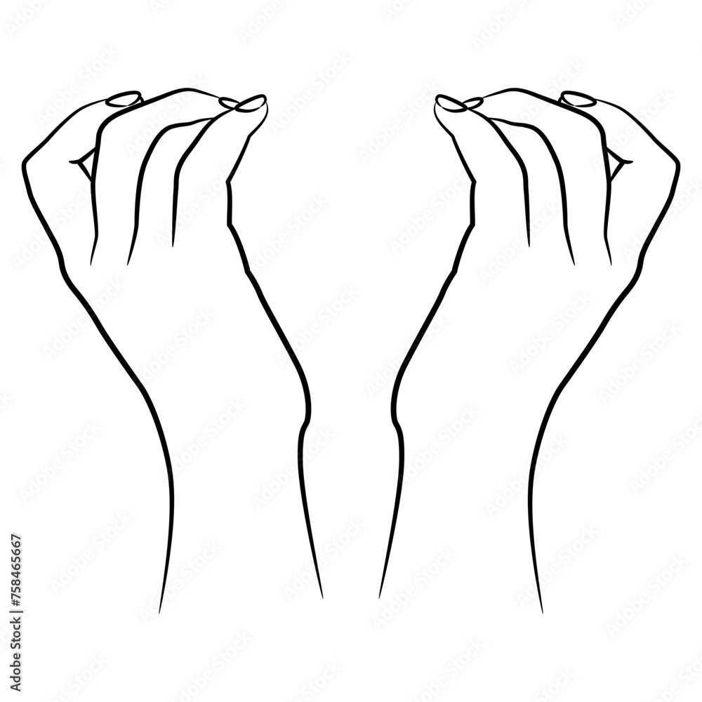 Two raised up beautiful female hands with bent fingers in elegant gesture. Black and white linear silhouette. Two raised up beautiful female hands with bent fingers in elegant gesture. Black and white linear silhouette.