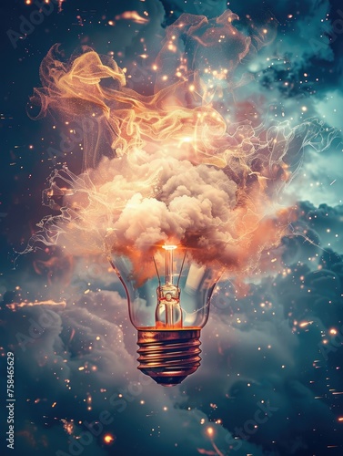 Exploding light bulb with flames - An incandescent light bulb bursts with intense fire and smoke against a sunset-colored backdrop