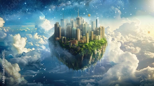 Floating city among the clouds and stars - A surreal image of a futuristic cityscape floating above the earth, nestled among the stars and billowing clouds © Tida