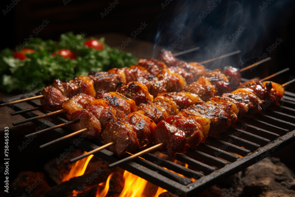 Sizzling Summer Delights: Grilled Meat Skewers Over Open Flame in a Rustic Alfresco Setting