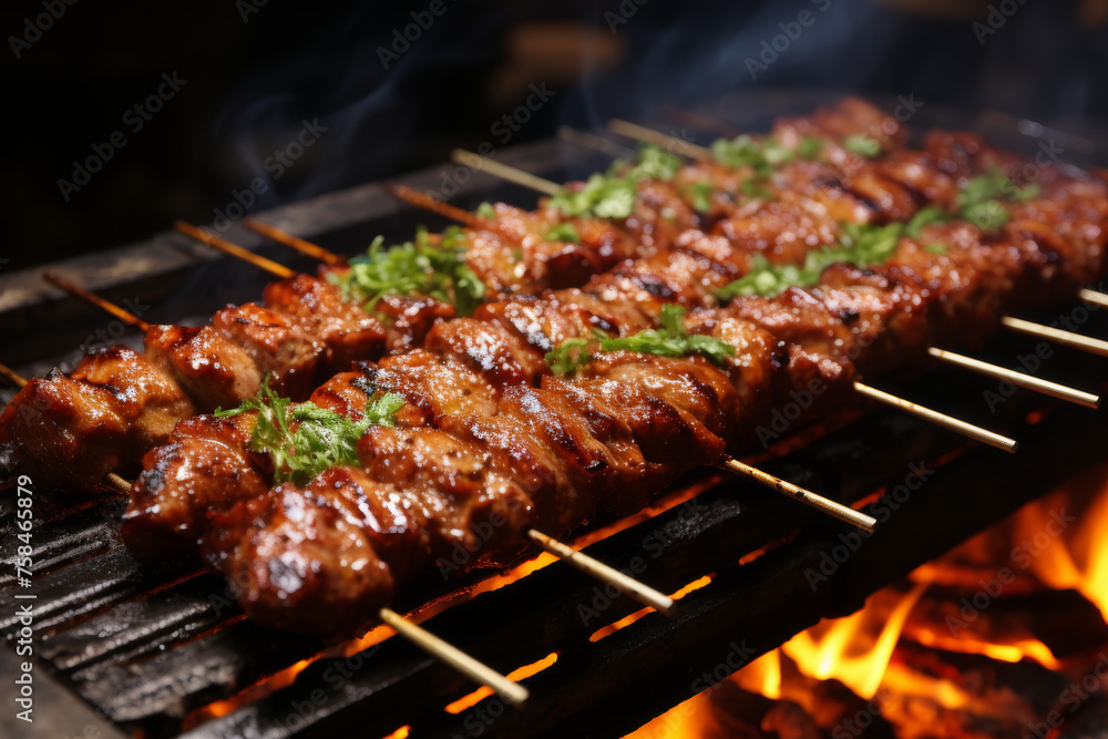 Flame-Kissed Delights: Succulent Grilled Meat Skewers Over Open Flame Flame-Kissed Delights: Succulent Grilled Meat Skewers Over Open Flame