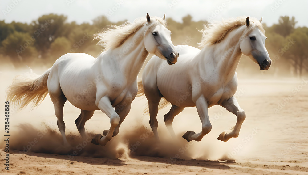 Fototapeta premium white horses with long mane run in sandy dust