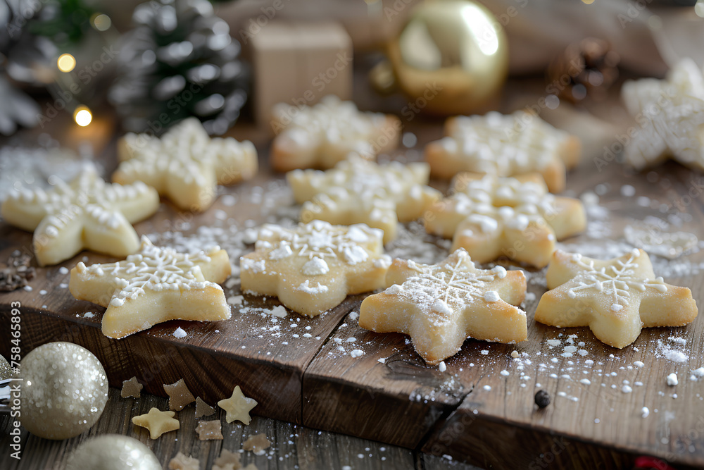 Baking sugar cookies: star and snowflake shapes, sprinkled sugar, against fur tree backdrop, capturing holiday baking spirit.
Baking sugar cookies: star and snowflake shapes, sprinkled sugar, against fur tree backdrop, capturing holiday baking spirit.