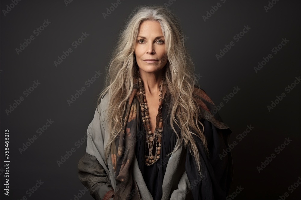 Portrait of a beautiful mature woman with long blond hair and scarf. Portrait of a beautiful mature woman with long blond hair and scarf.