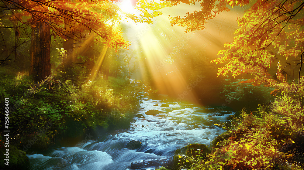 Morning sun shining through a lush forest onto a sparkling stream with smooth rocks and greenery.	