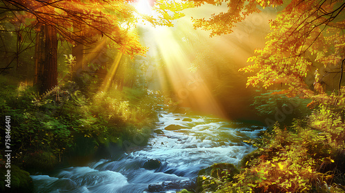 Morning sun shining through a lush forest onto a sparkling stream with smooth rocks and greenery. 