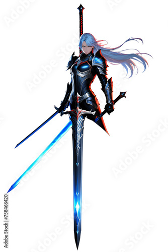Rappresentazione 3D di un cavaliere femminile con spada isolata su sfondo trasparente