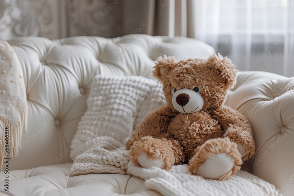 Teddy bear on white sofa with pillow and knitted blanket