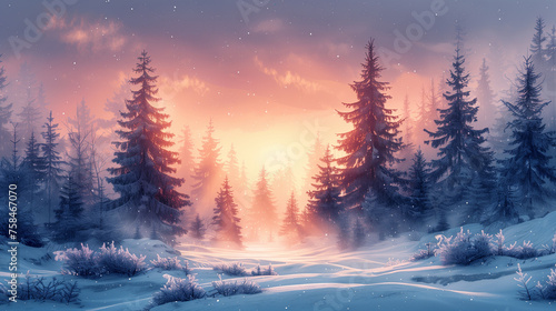 A snowy forest with a bright orange sun in the background