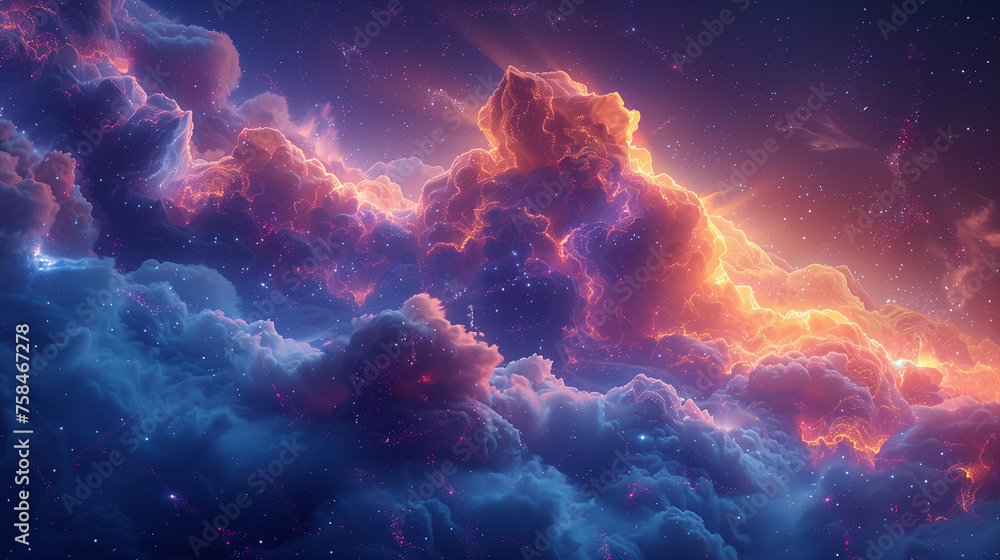 A colorful, starry sky with a large, glowing cloud