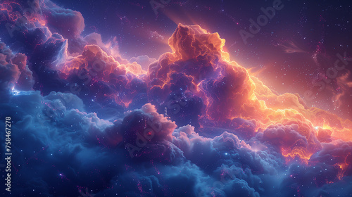 A colorful, starry sky with a large, glowing cloud