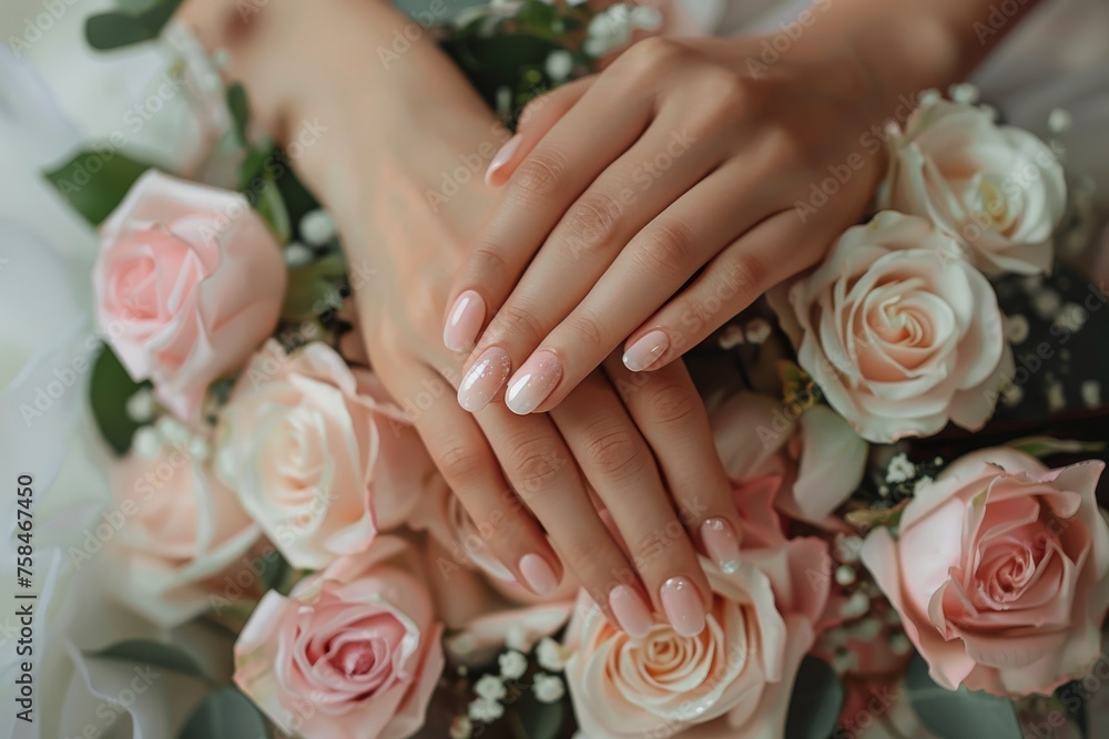 Manicure with soft pink roses in the background Manicure with soft pink roses in the background
