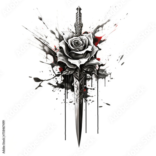 a switch blade with a rose behind it. Slick stainless steel for the switch blade. Made in black and whit with great composition created with Generative Ai
