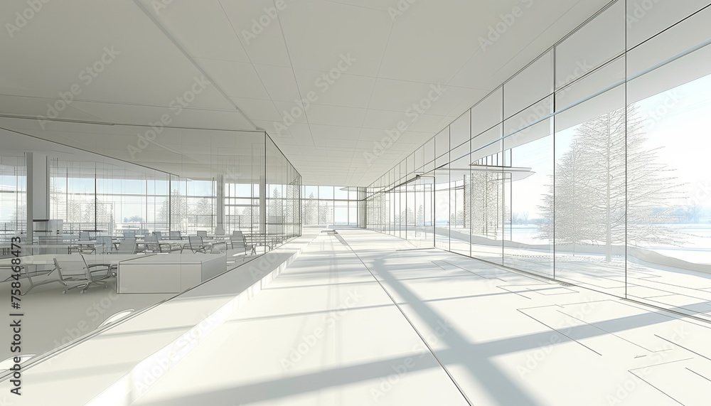 Modern office with glass partition and white floor for contemporary workspace design Modern office with glass partition and white floor for contemporary workspace design