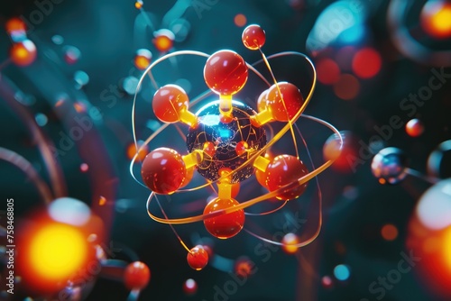 Atomic dance: subatomic realm, electrons, neutrons, and protons orbit a fixed nucleus in a model empty space within atoms, showcasing set, predictable paths in the intricate world of particle physics photo